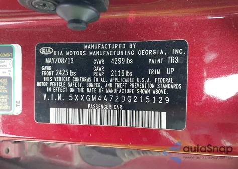 2013 Kia Optima Lx z USA, uszkodzony, nr VIN 5XXGM4A72DG215129